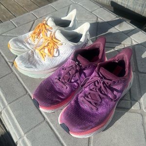 Two pair of Hoka Clifton 8. Both pre loved but still cute! Women’s size 9B.